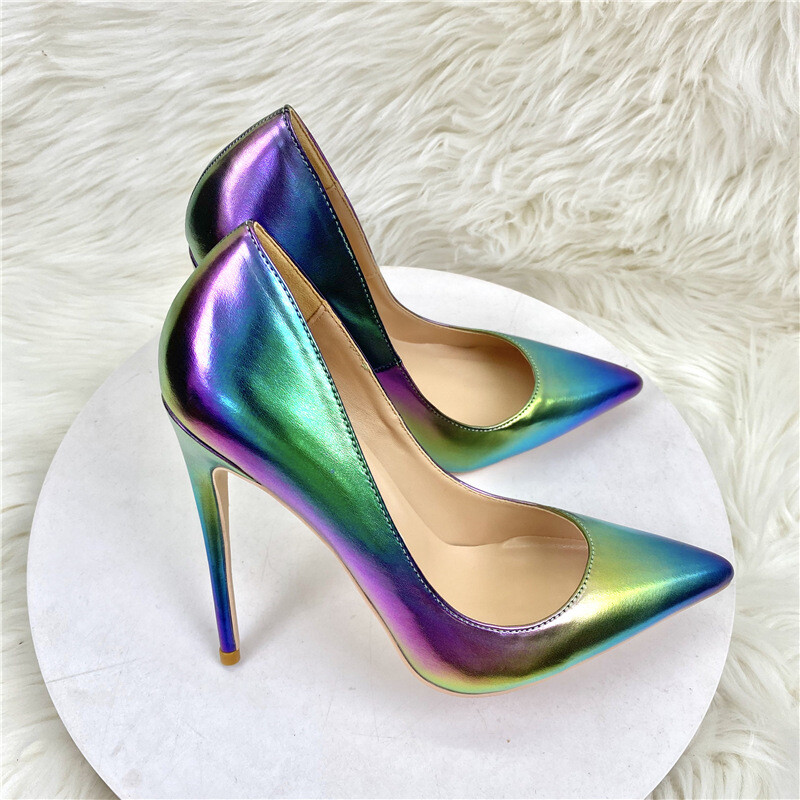 Women High Heels Patent Leather Slip On Pointed Toe Gradient Color Pump Stiletto