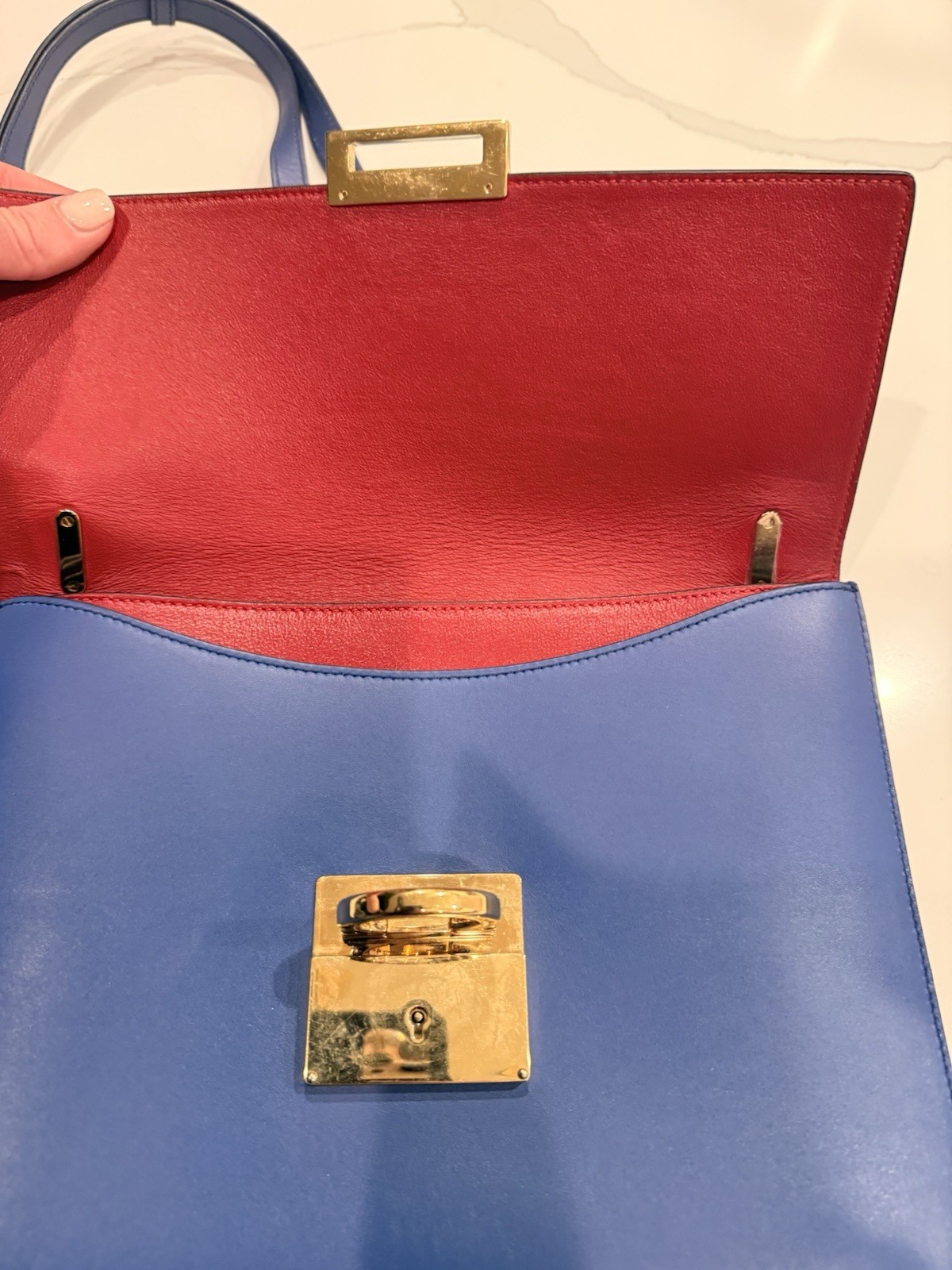 Auth Cert – Salvatore Ferragamo Blue Shoulder Bag Turn Lock Gold Hardware