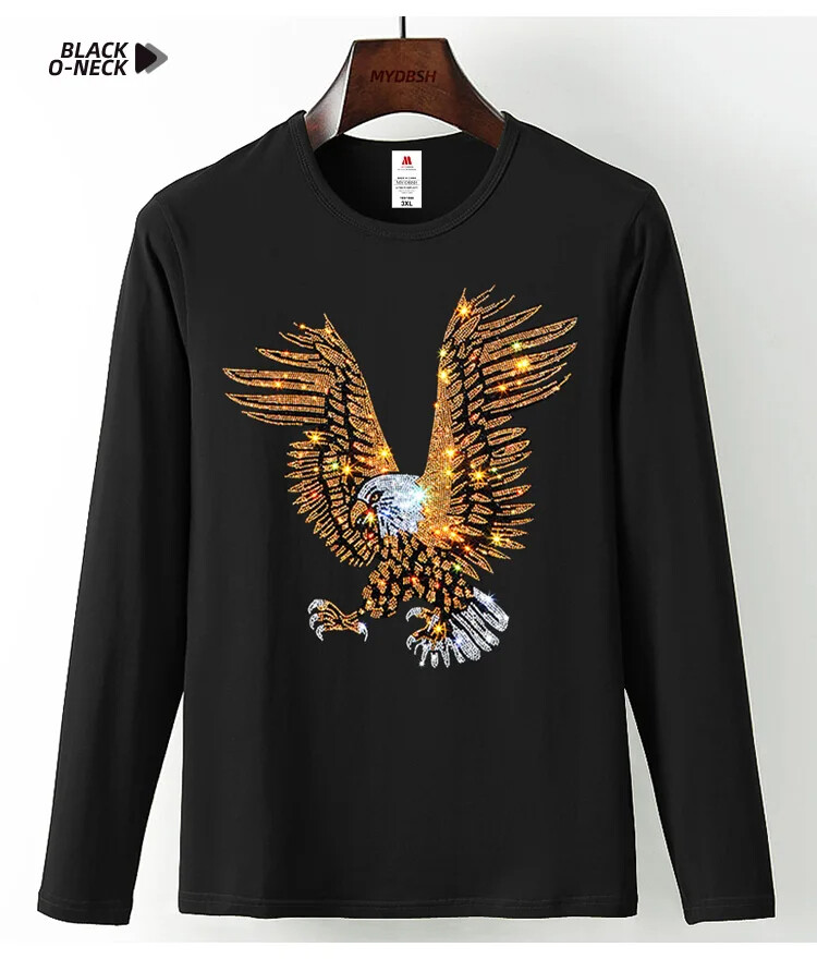 Fashion Trend Eagle Rhinestones Streetwear Long Sleeve Luxury Men V-Neck T-Shirt