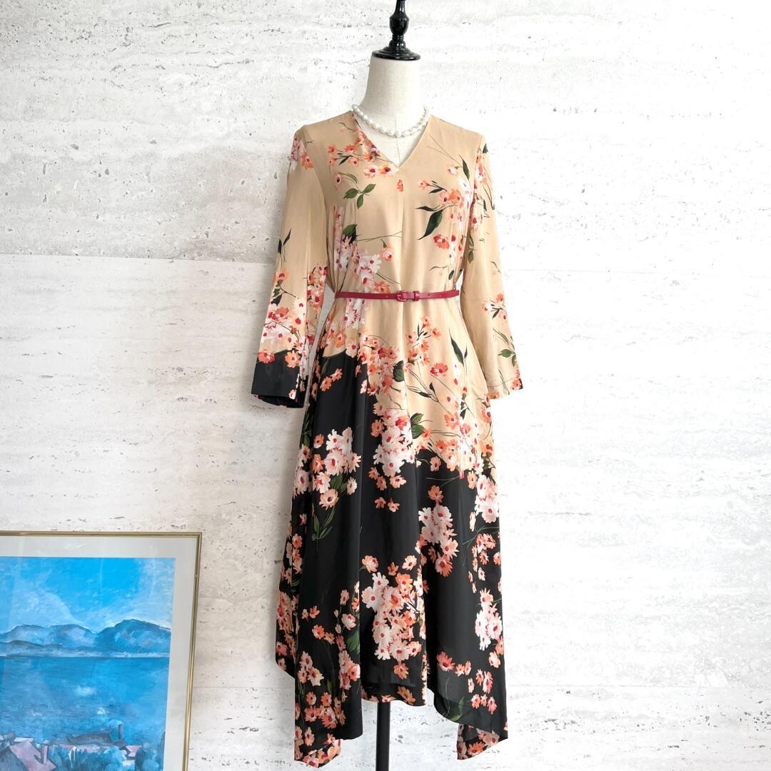 MaxMara Silk Floral Asymmetrical Long Dress Leather Belt Auth