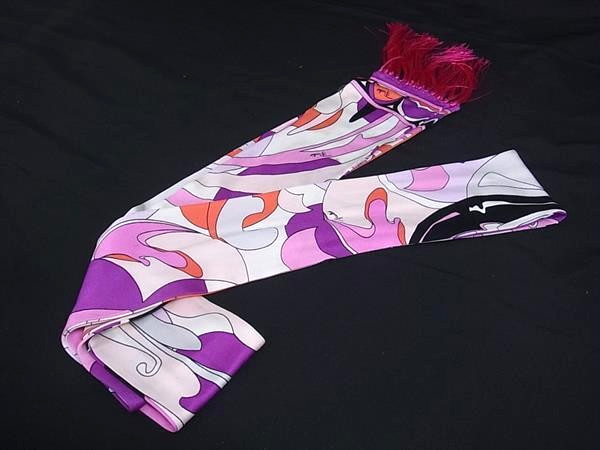 Emilio Pucci Silk Scarf Ribbon Purple Multicolor Geometric Narrow Fringe 182x9cm
