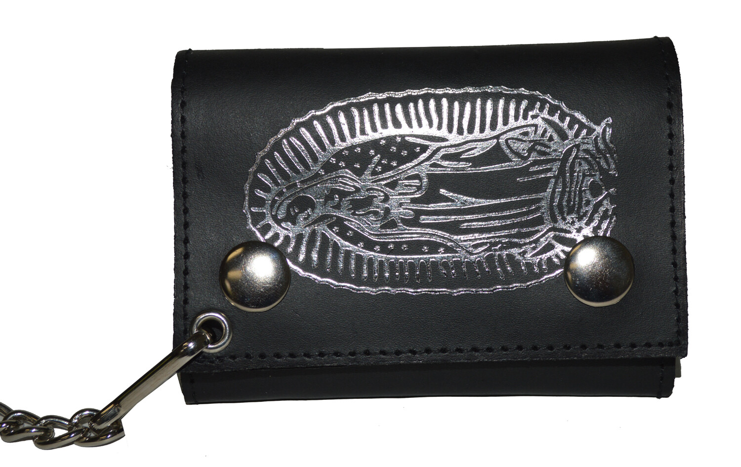 Leatherboss Genuine Leather Men “Virgin Mary” Trifold Wallet Chain Biker, Black