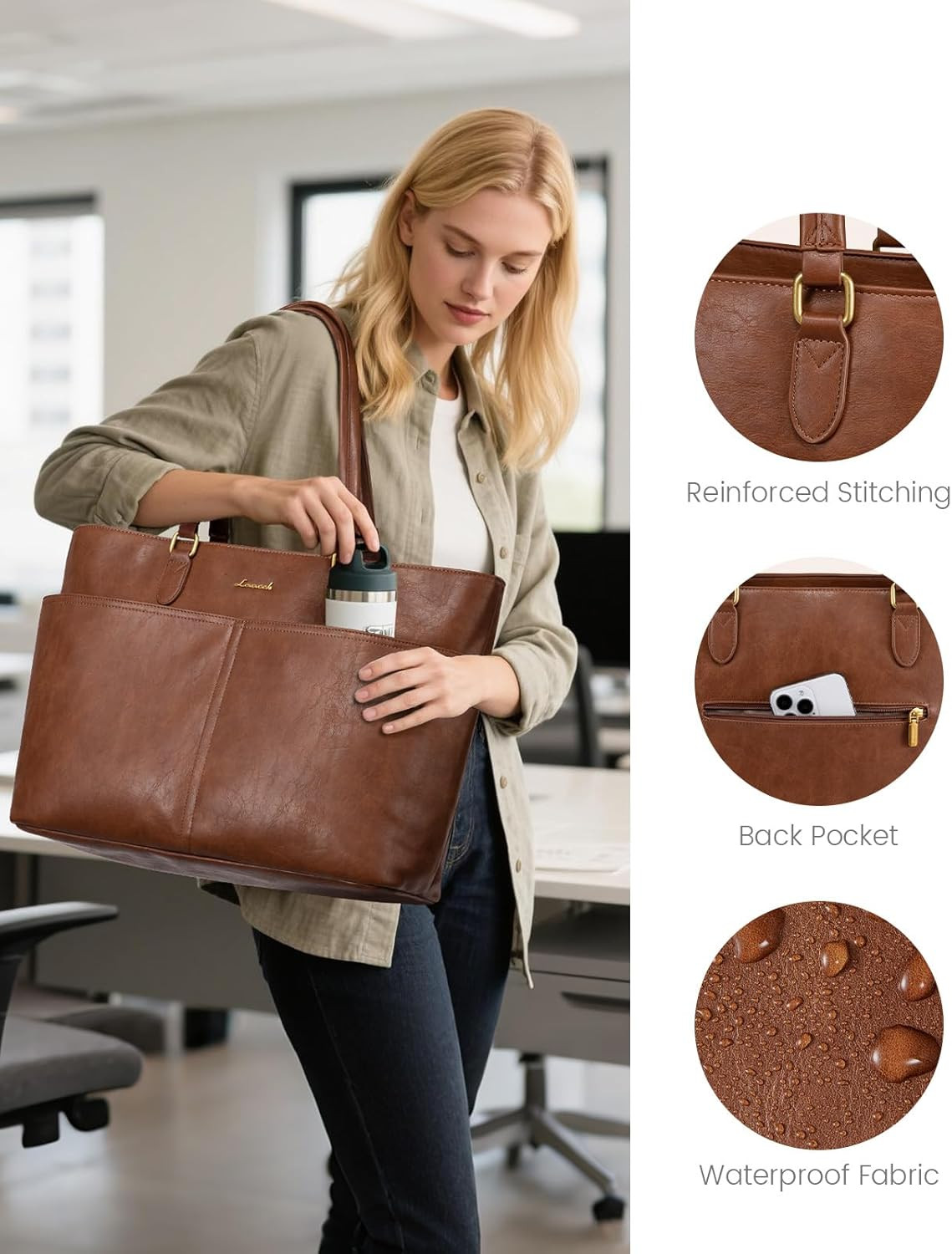 Work Tote Bags for Women, Vintage Leather 15.6 Inch Laptop Bag with Large Cup Ho
