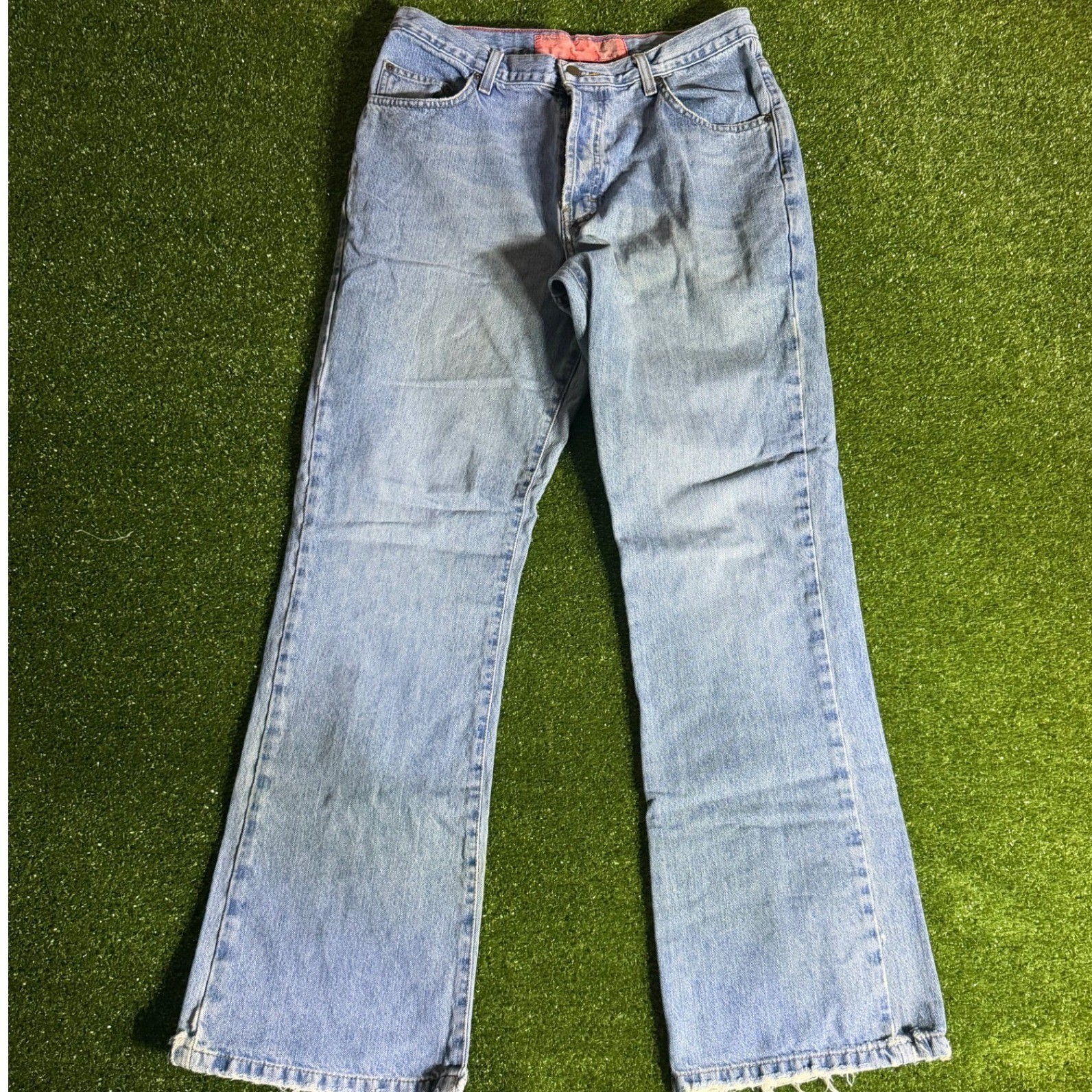 Vintage Light Wash Distressed Straight Leg Denim Jeans 32×32 Mens Blue Cotton