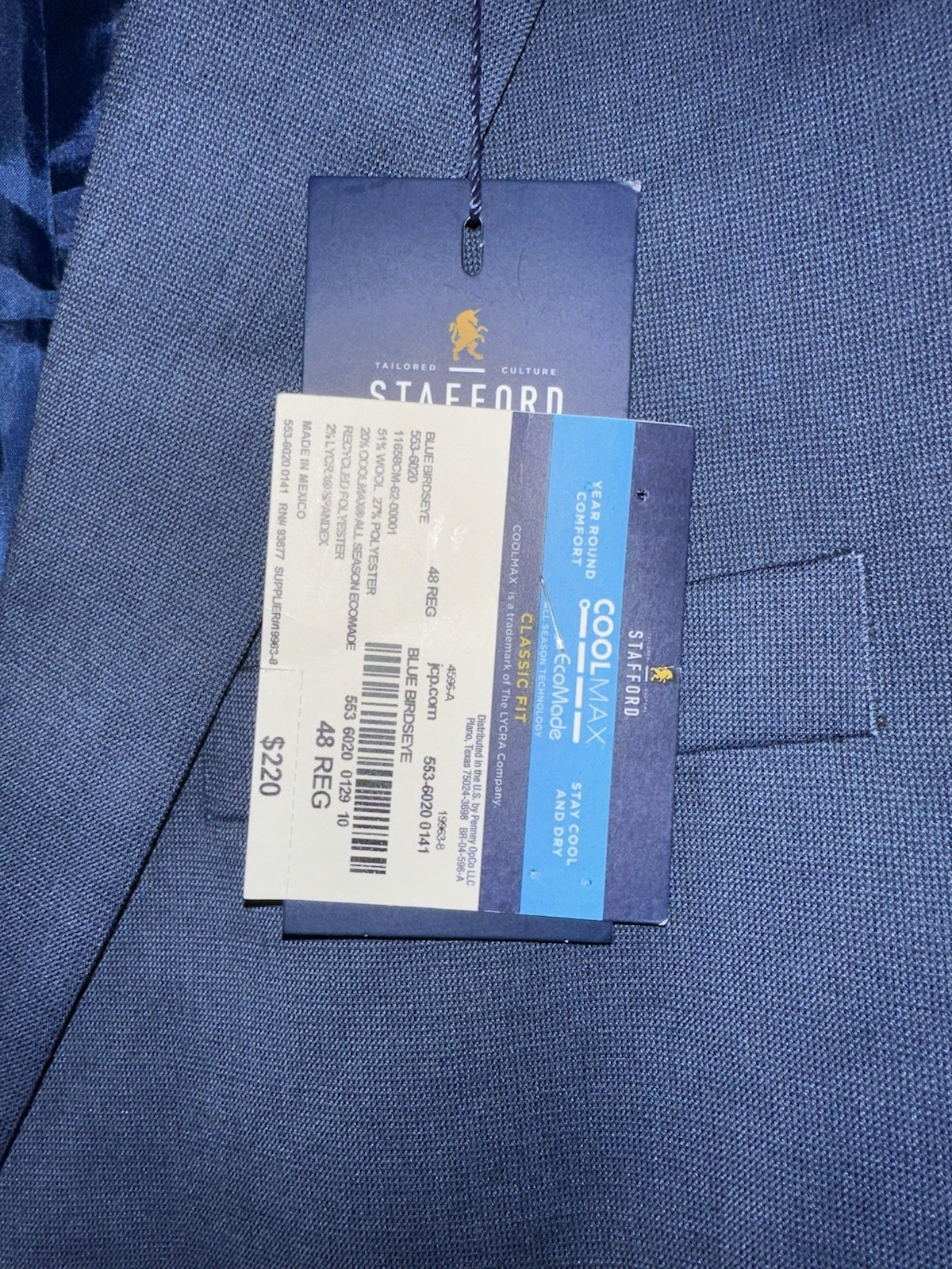 Stafford 48R Cool-Max EcoMade Stretch Fabric/Classic Fit – Blue Birdseye Jacket