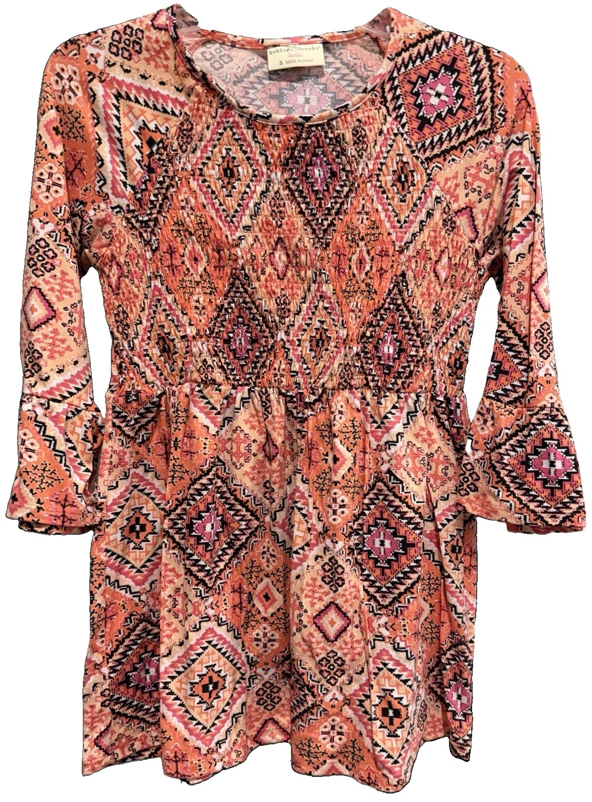 Women’s Size SM Bobbie Brooks Babydoll Top Orange, Black, White Multicolors NWT
