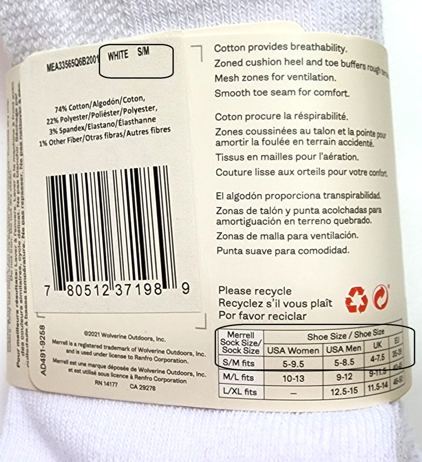 Merrell Cushioned Quarter White Cotton Socks 6 Pairs Size S/M Women 5 – 9.5