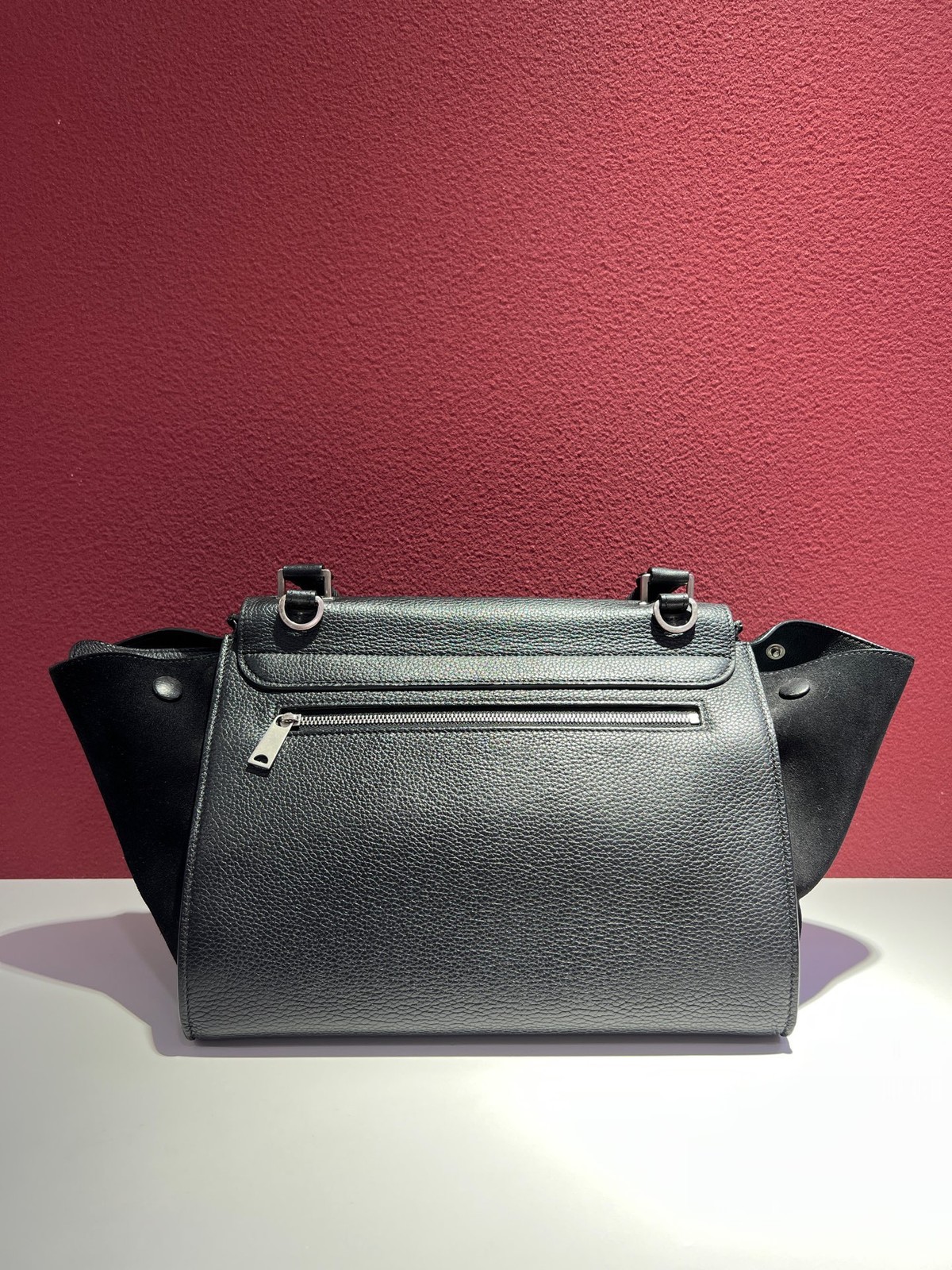 AUTH CELINE Trapeze Medium Black Grained Calfskin Suede Top Handle Crossbody Bag