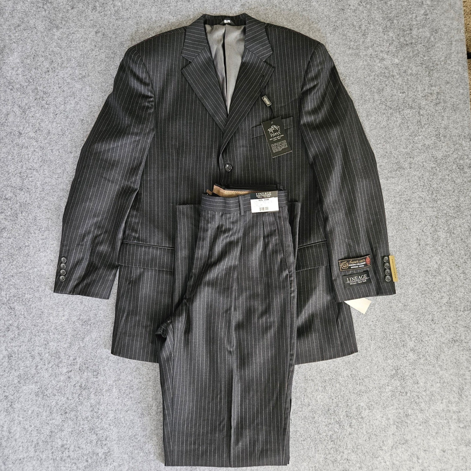 Lineage Mens Charcoal Pinstripe 2-Piece Suit 42L 34×35 Super 110s Merino Wool