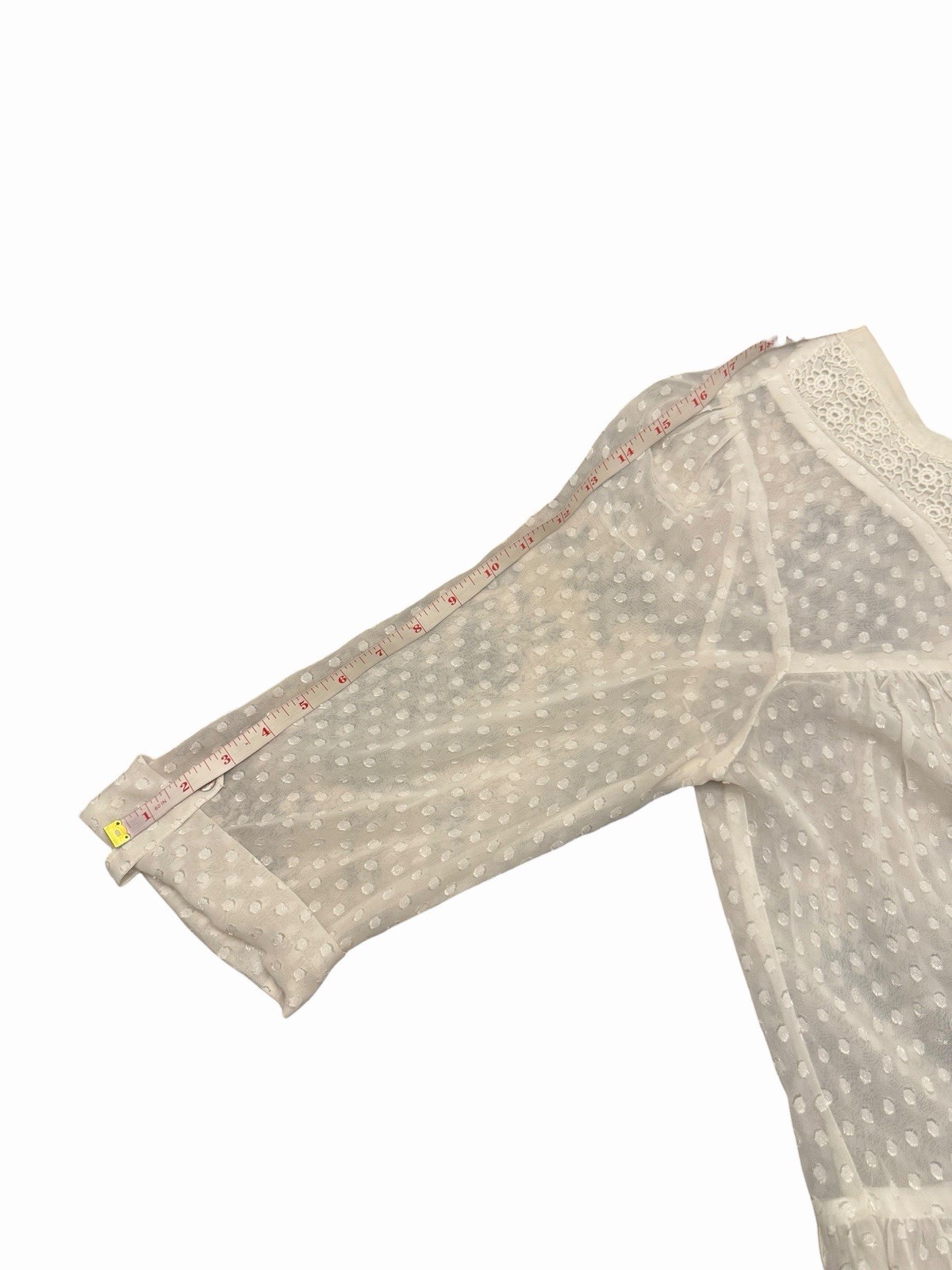 DANIEL RAINN Sheer White Blouse Roll Tab Sleeve MED Pockets Polka Dot Lace STAIN