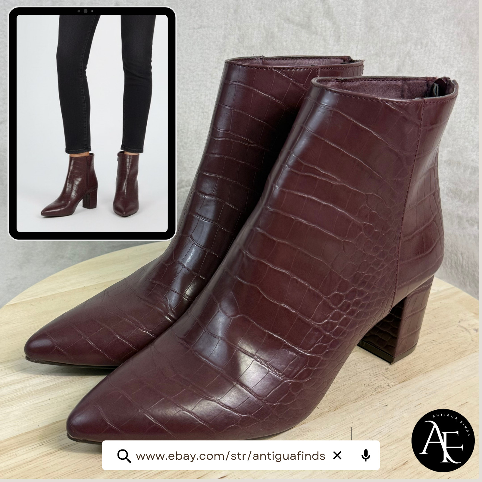 ANN TAYLOR Ankle Boots Size 9M Cranberry Croc-Embossed Vegan Booties Heels Shoes