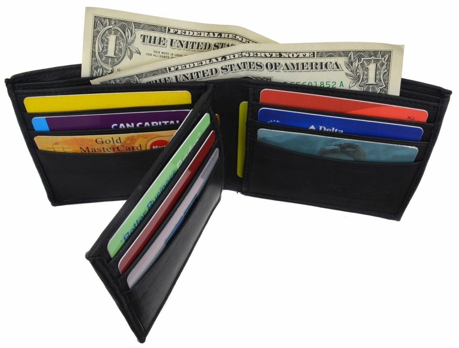 Mens Bifold Center Flap Lambskin Leather Wallet and Credit Card Holder