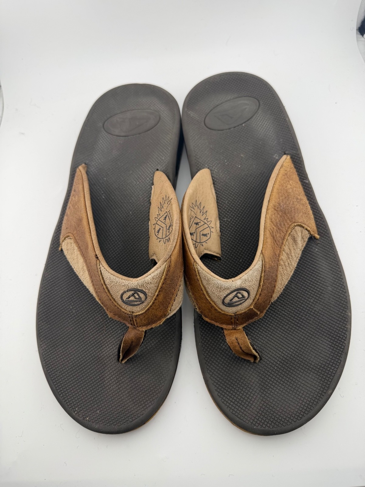 Reef Fanning Flip Flops with Bottle Opener, Brown Leather and Suede, Size 10