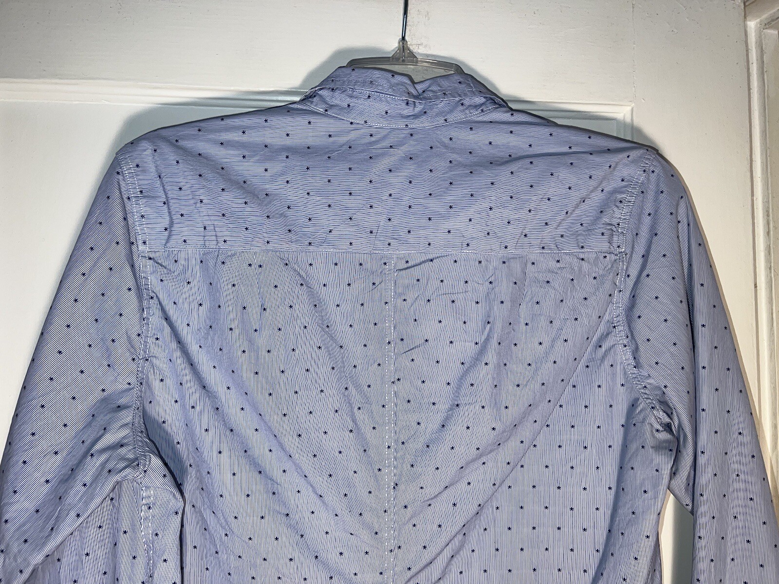 Frank & Eileen Barry White Blue Stripe Stars Cotton Shirt Size M. c747