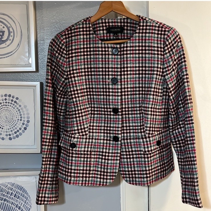 Talbots Women’s Wool Blend Plaid Blazer Jacket Size 6 /Pink, Green, Black, White