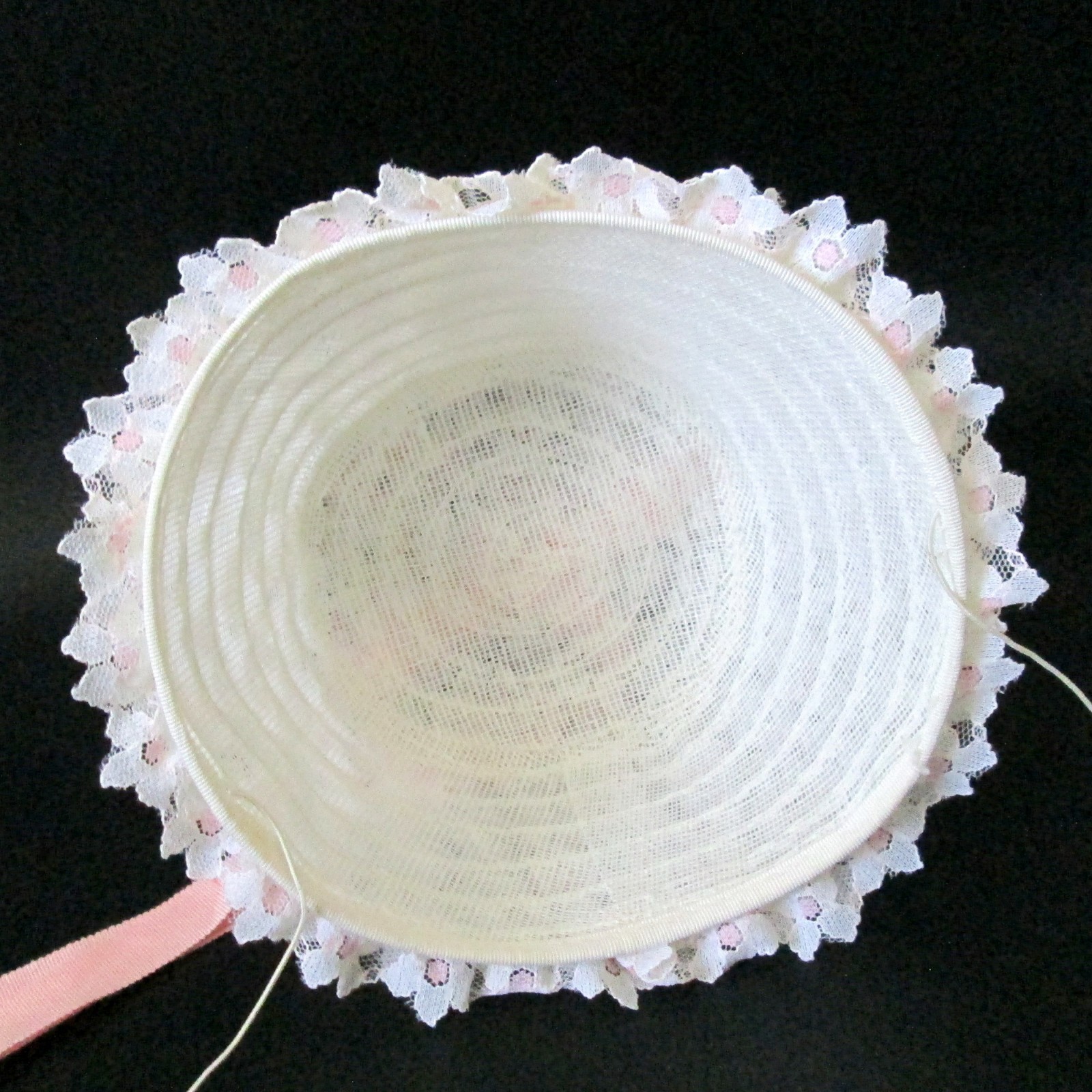 Vintage Lace Ruffle Pillbox Hat Ribbon Roses Grosgrain Ribbon Wedding Church