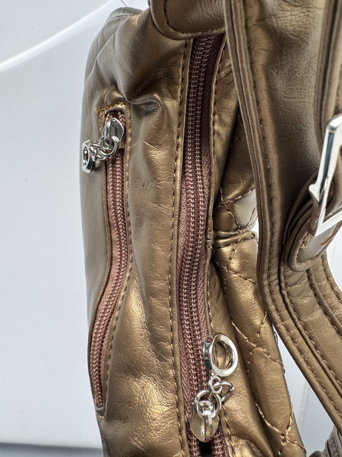 Bronze Metallic Studded Crescent Shoulder Bag Small Zip Closure Inner Pockets