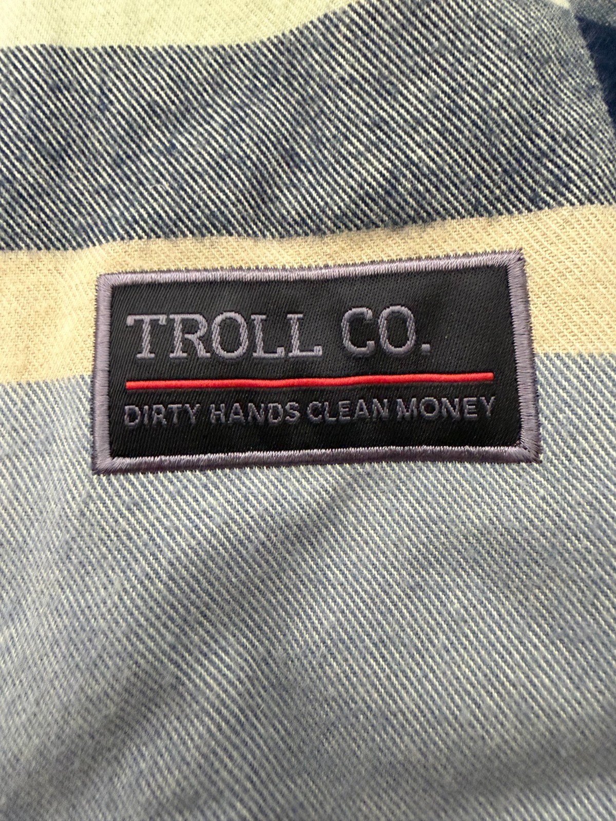 Troll Co Flannel Shirt Men’s Size Medium Blue Yellow Button Up Pearl Snap Casual
