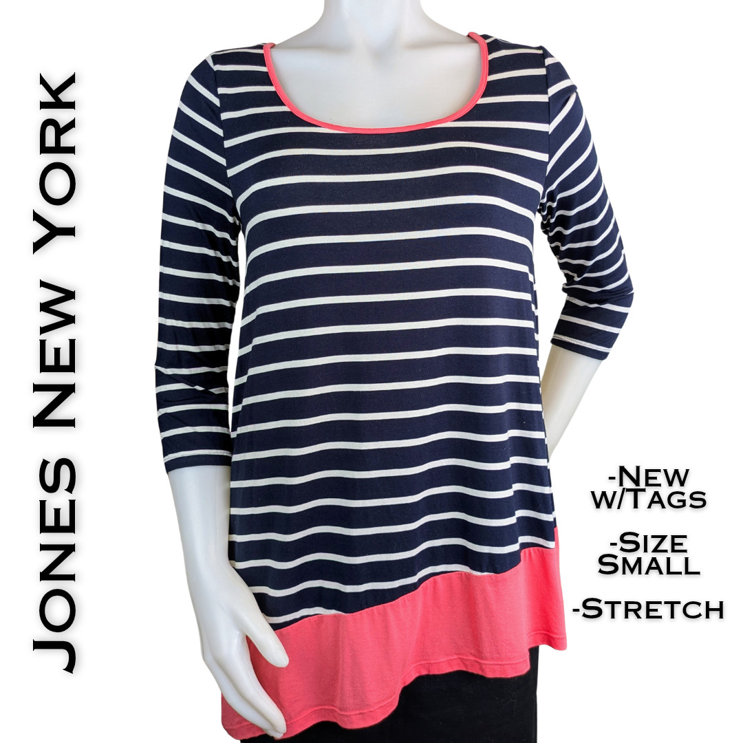 Jones New York Signature Top Small Navy White Pink Stripe Nautical Preppy NEW