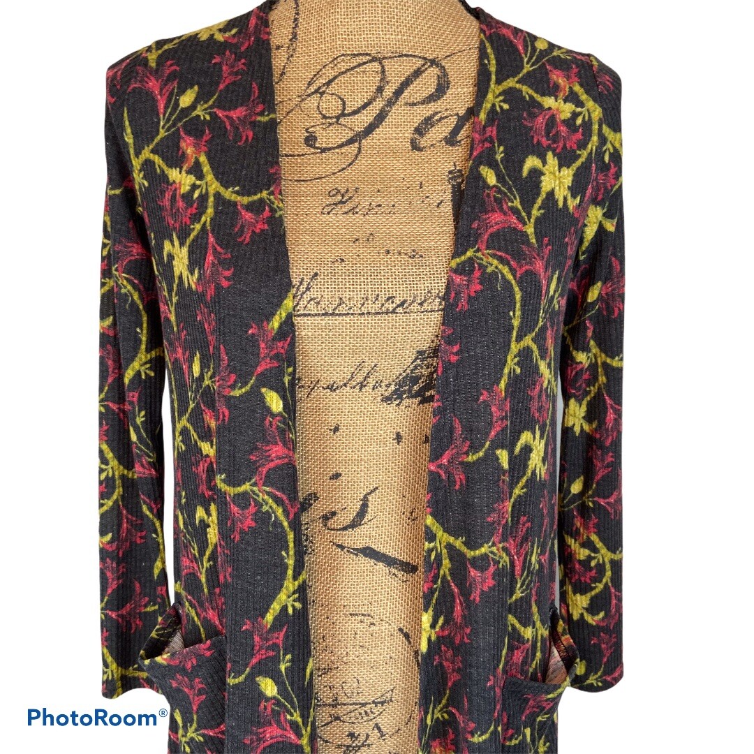 LuLaRoe Sarah Duster Cardigan XS NWT | Longline Boho Floral Black Red Open Front
