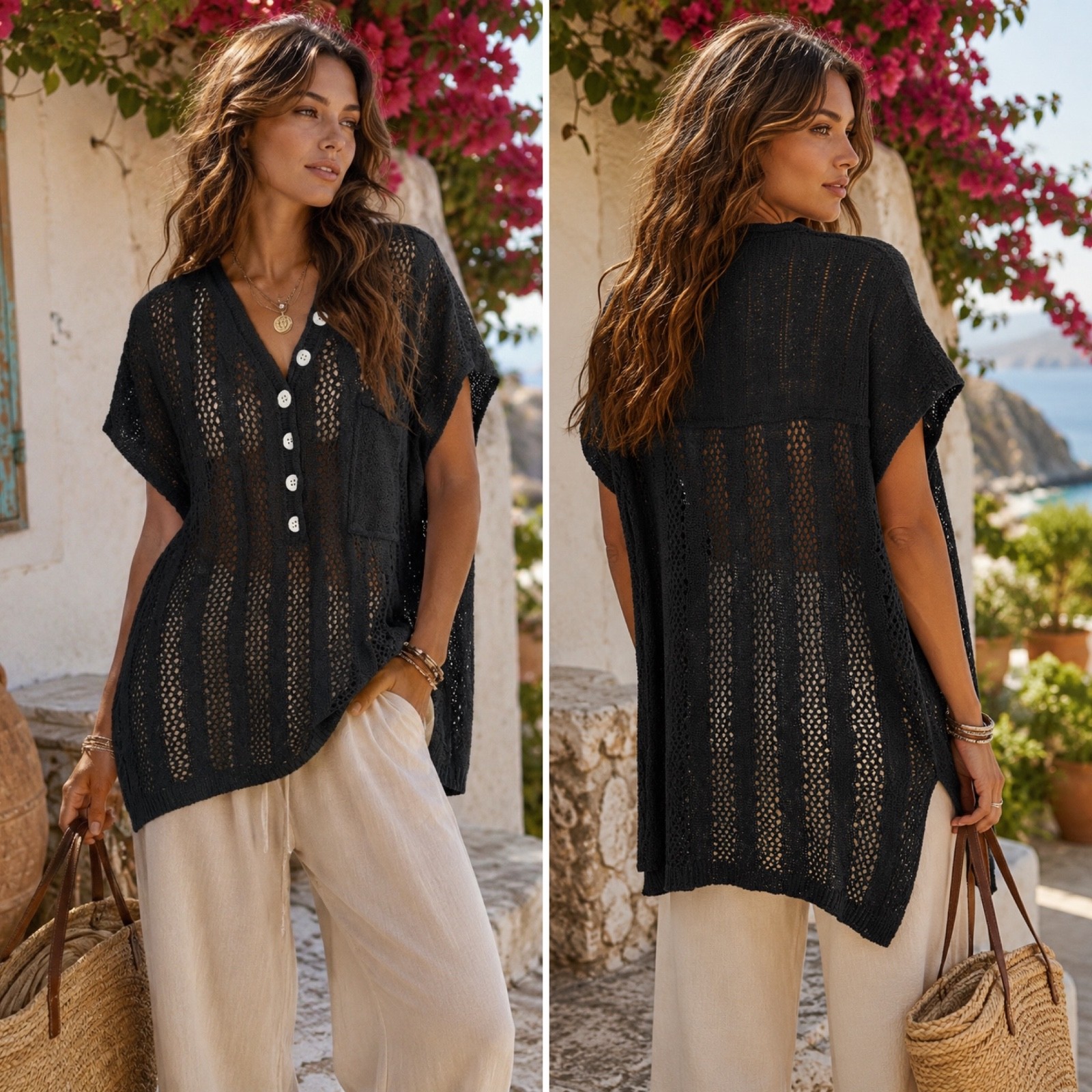 POL Open Knit Tunic Sweater Medium Black High Low V Neck Lightweight Oversize