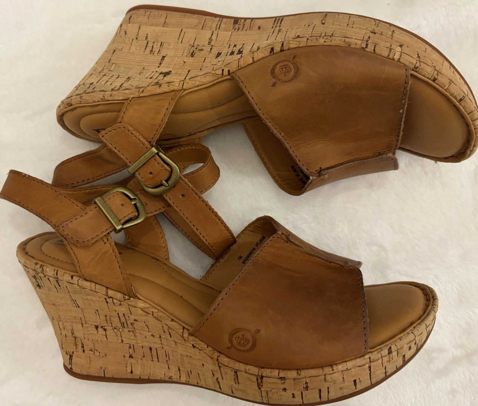 Born Leather Cork Wedge Sandals Women’s 7M Brown Ankle Strap Comfort Shoes