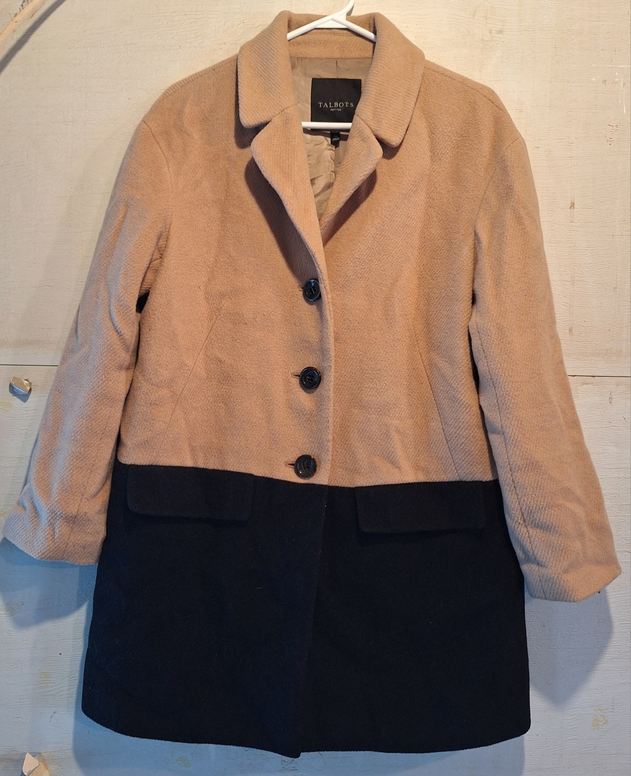 Talbots Two-Tone Wool Blend Colorblock Overcoat 10 Petite Black & Tan Buttons