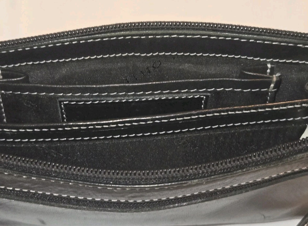 Nino Bossi Black Leather Double Push Lock • Zip Clutch Wallet Wristlet • EUC
