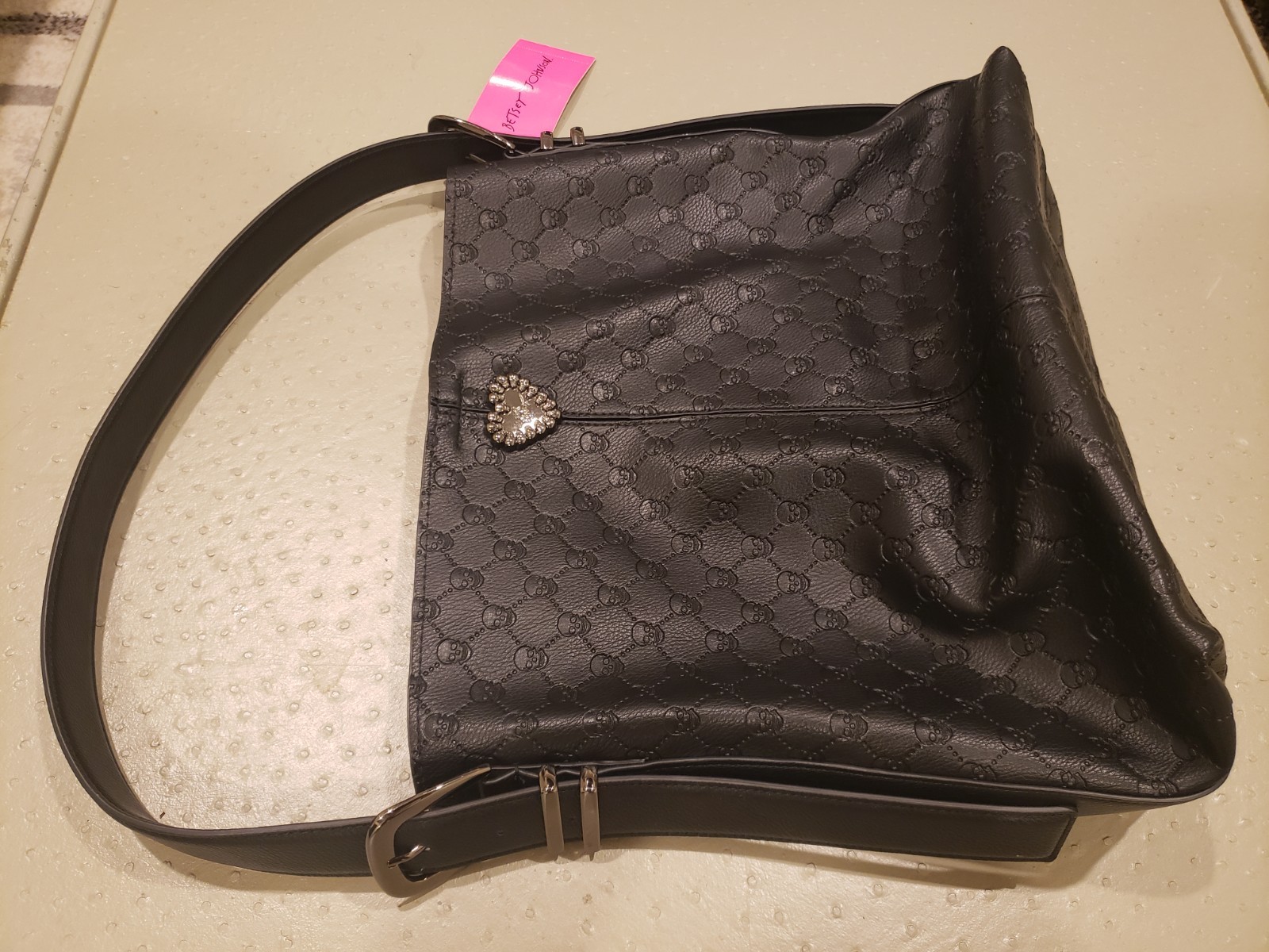Betsey Johnson Black Skull Embossed Hobo Shoulder Bag Snap, Pockets, Charm