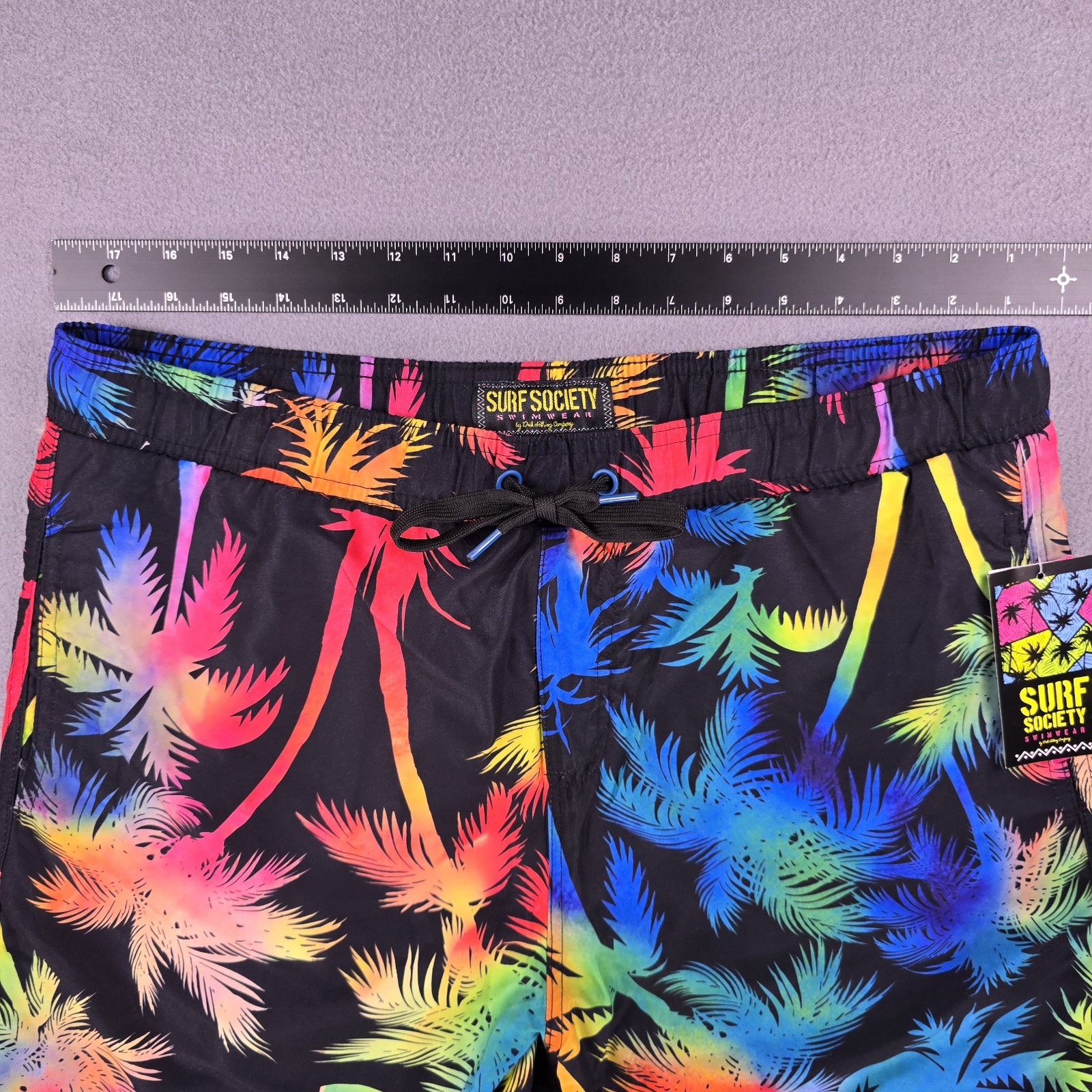 New Surf Society Swim Trunks Men’s Large Rainbow Palm Trees Black Shorts Pride
