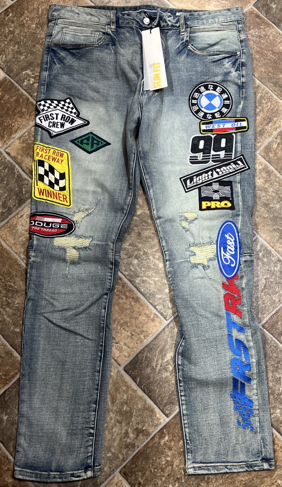First Row Men’s Stylish Distressed Racing Jeans W/ Patches NWT Size 38-32