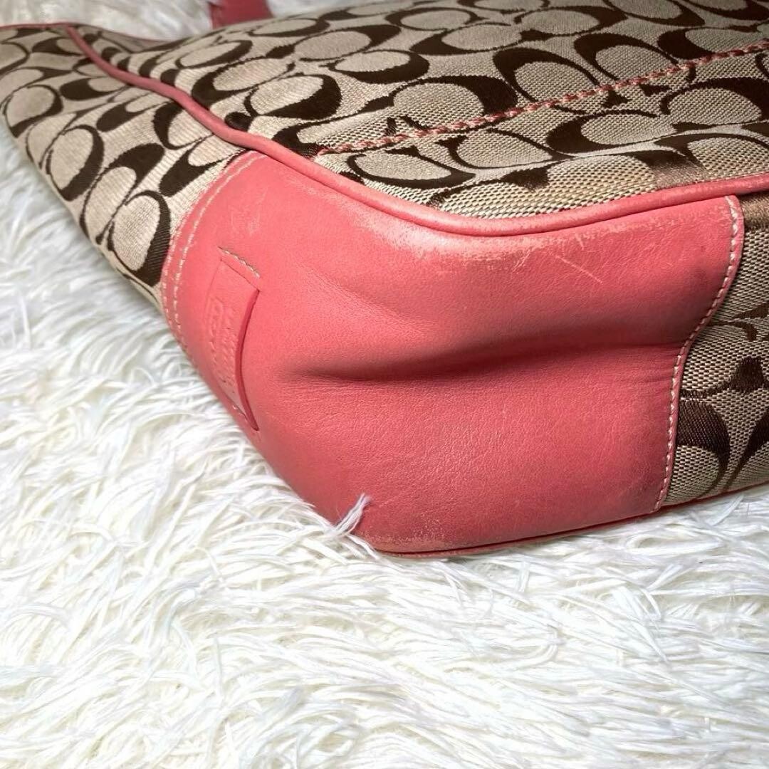 COACH Pink Brown Canvas Leather Tote Bag Logo Inner Pockets 11.8×12.6 in