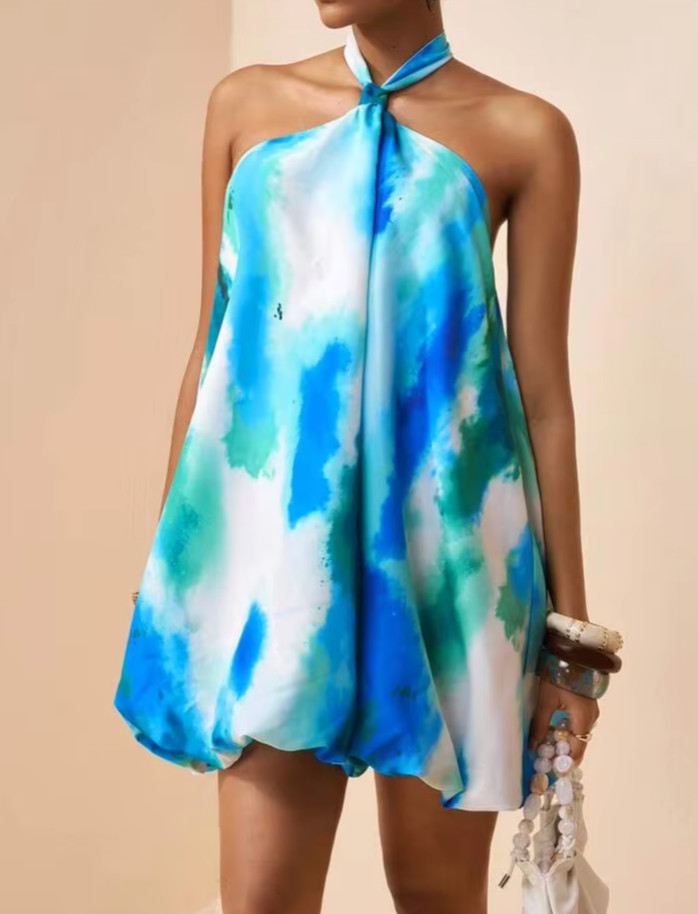 BOHO TIE DYE HALTER SUMMER CHIC SMALL Bohemian Tropical Beach DRESS Vacay