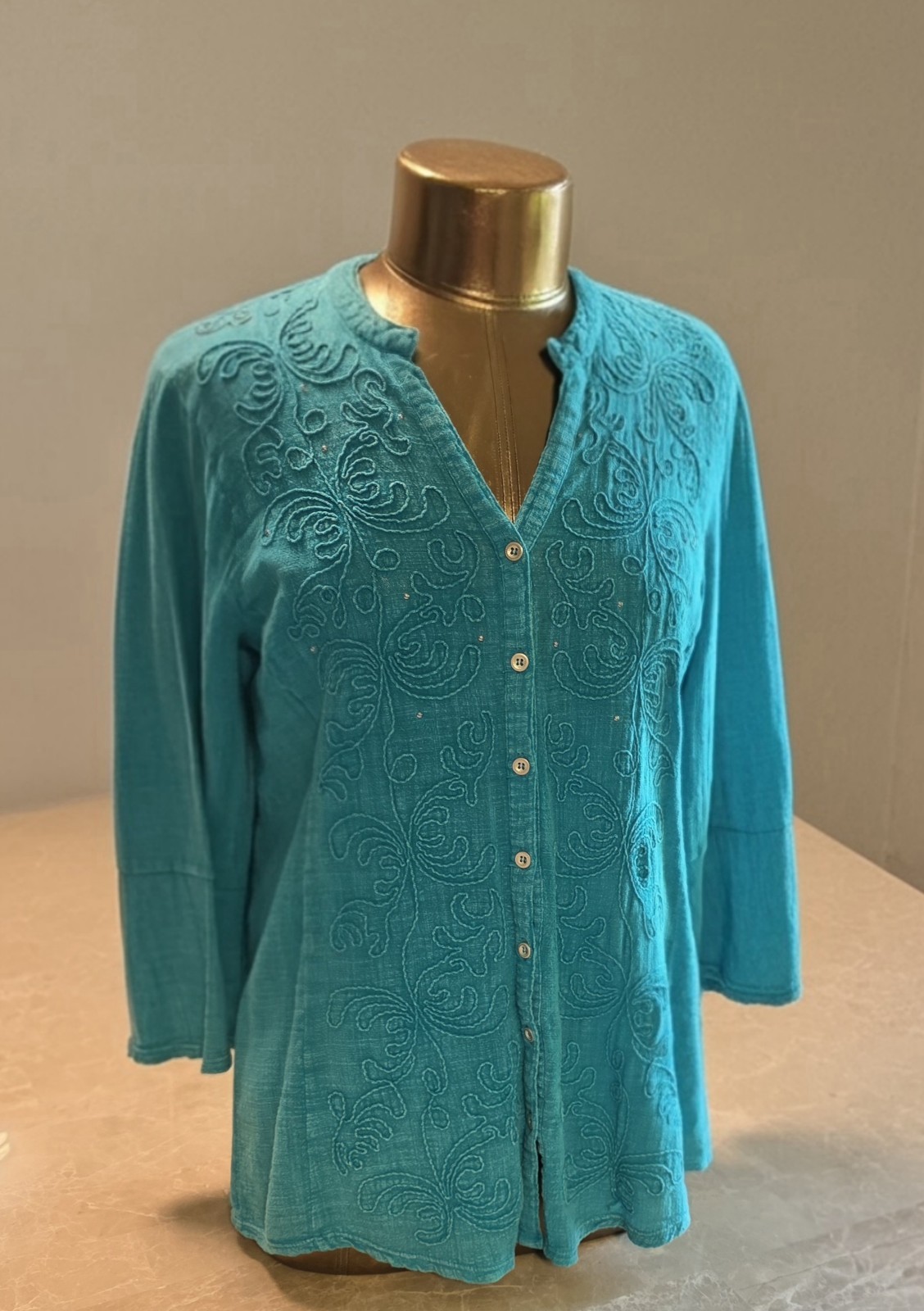 Western Turquoise Embroidered Button Front Blouse Artisan Teal 3/4 Sleeve Top M