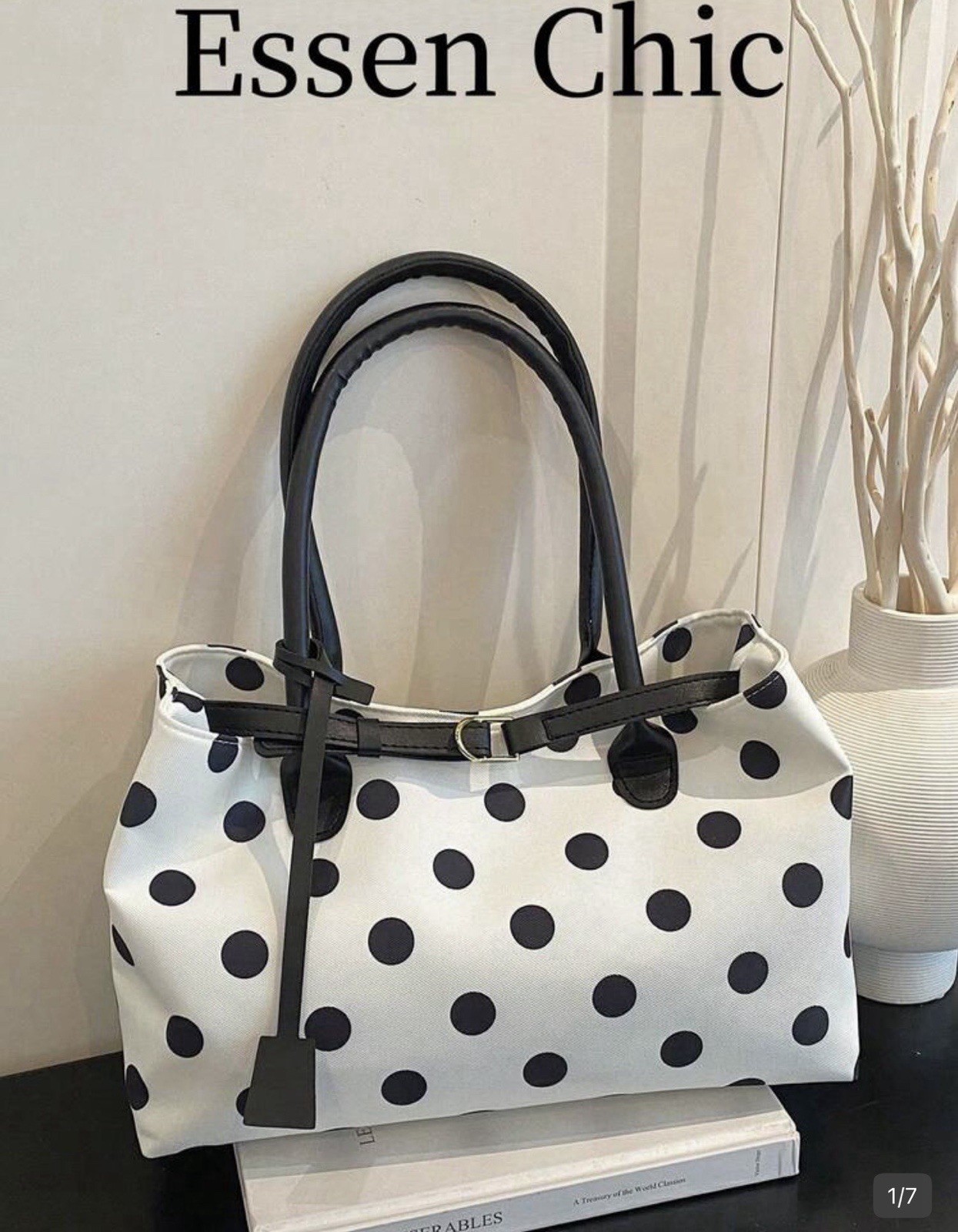Women’s Large Capacity Polka Dot PU Patchwork Tote Bag With Black Strap Decor