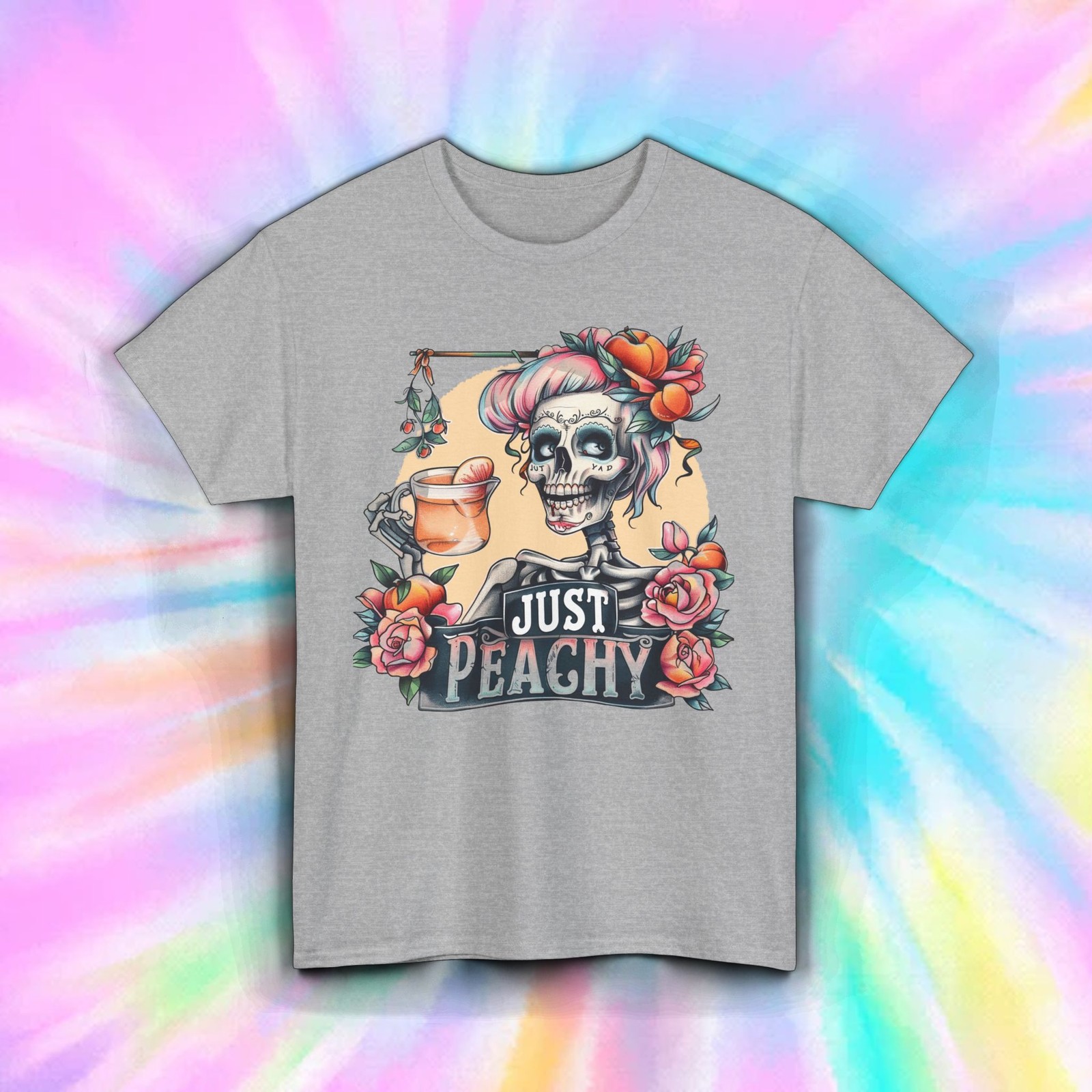 Just Peachy Shirt Sugar Skull Skeleton Tattoo Art Funny Floral Drink Tee S-5XL