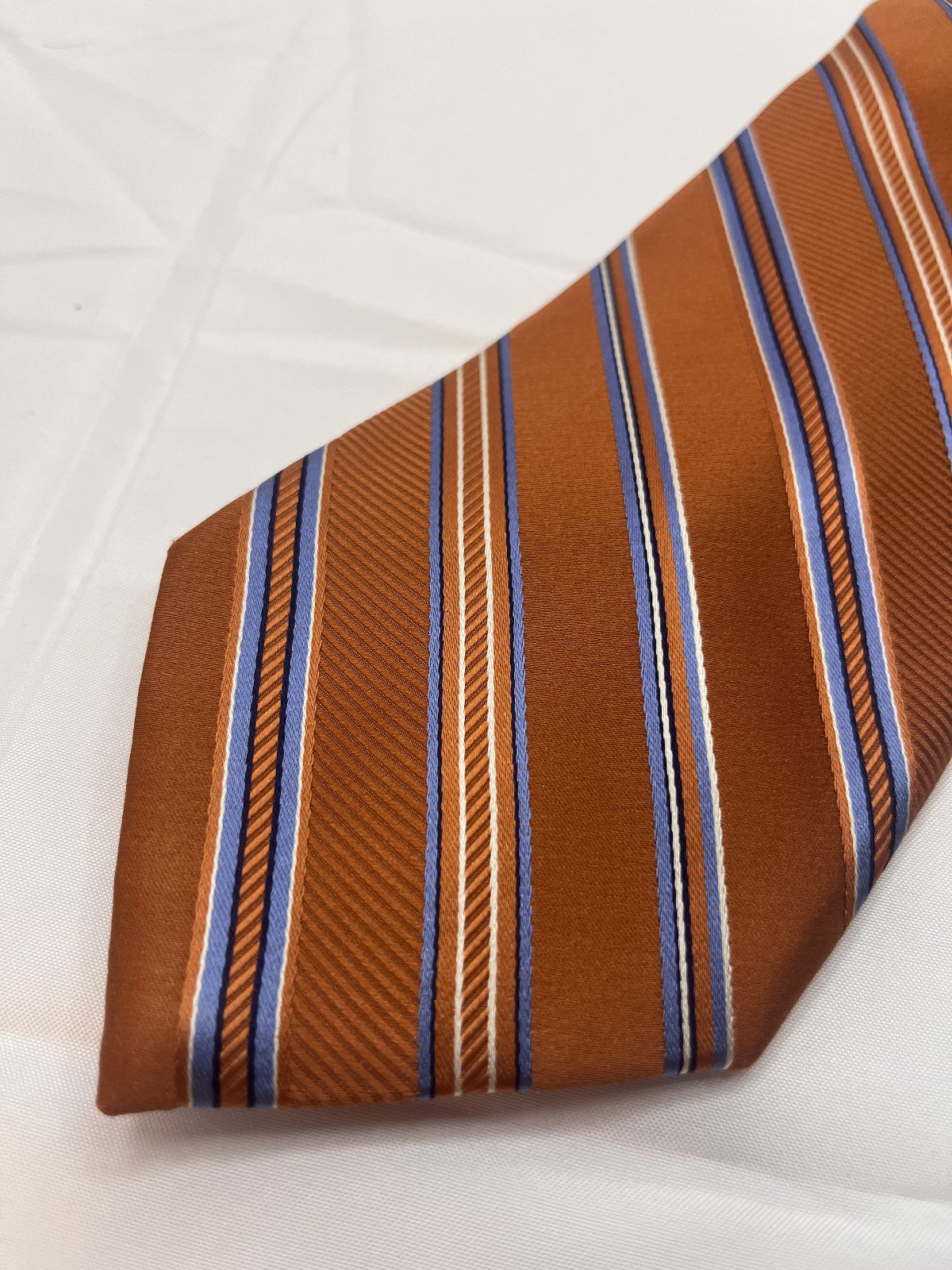 Michael Kors Men’s Rust Orange Blue Striped 100% Silk Neck Tie Classic Made USA