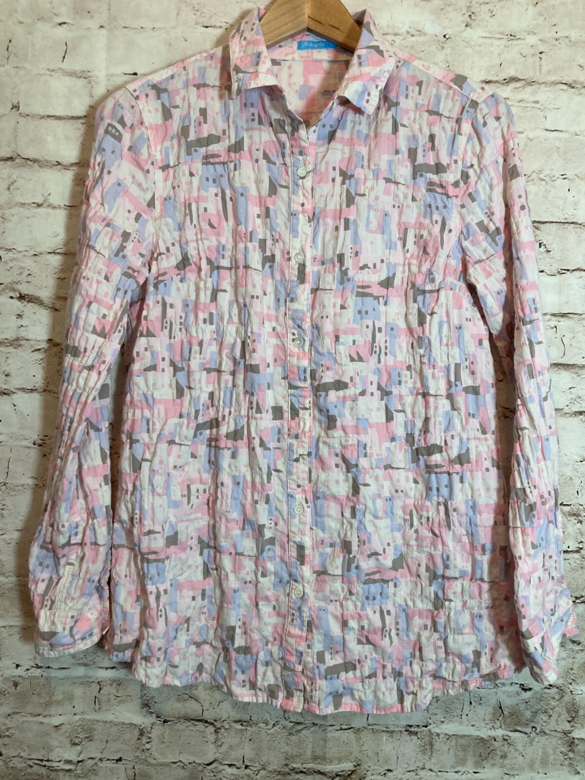 J. McLaughlin Top Womens Medium Pastel Crinkled Art To Wear Button Up Beachy
