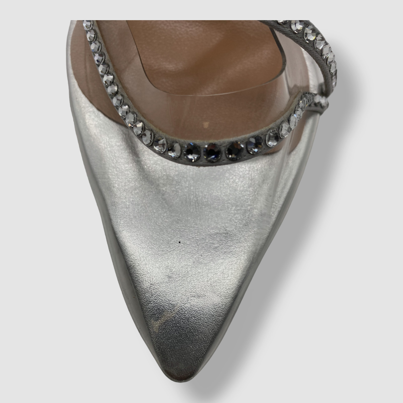 $695 Andrea Wazen Women’s Silver Dassy Sunset PVC Ankle Wrap Pump Heels Shoes 36