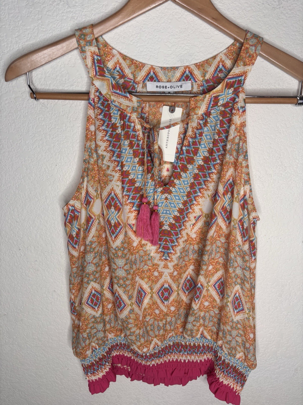 Anthropologie Rose Olive Sleeveless Blouse Top Boho Tassels Size M NWT
