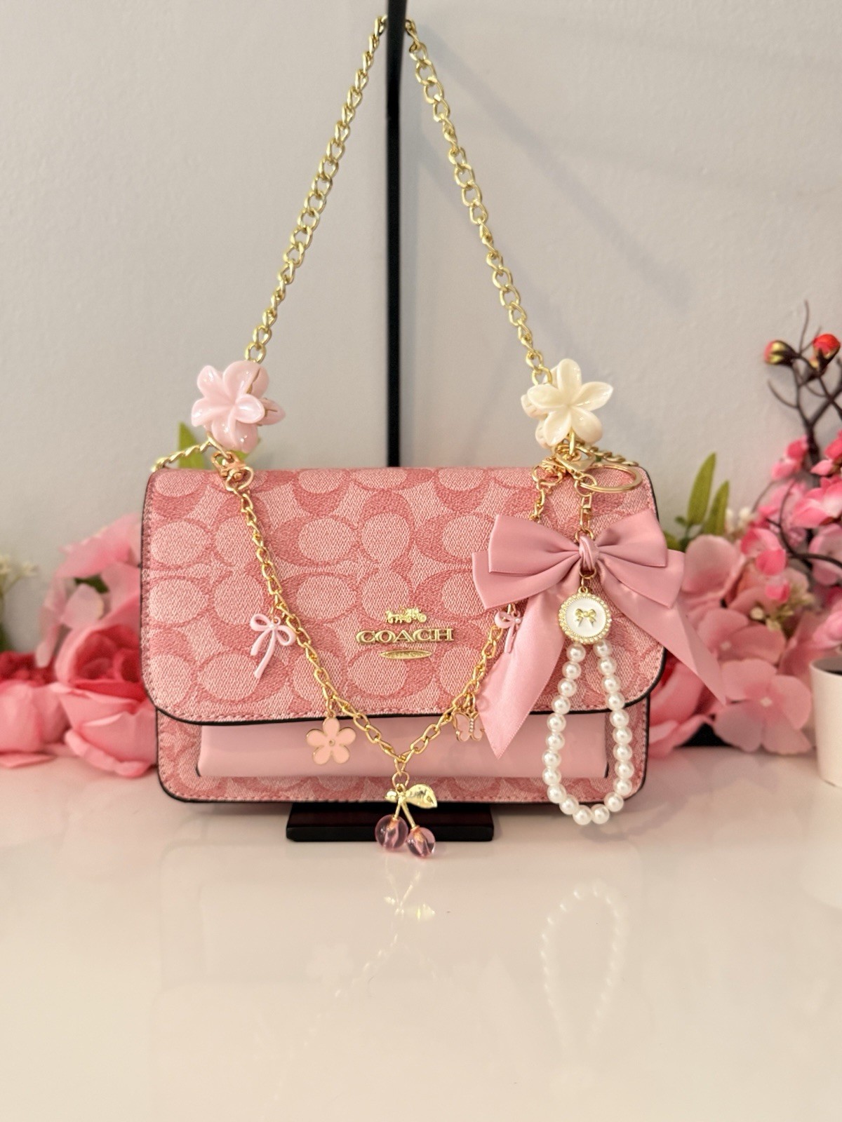Coach Pink Logo Flap Shoulder Bag w/ Gold Chain Strap & Bow Charm