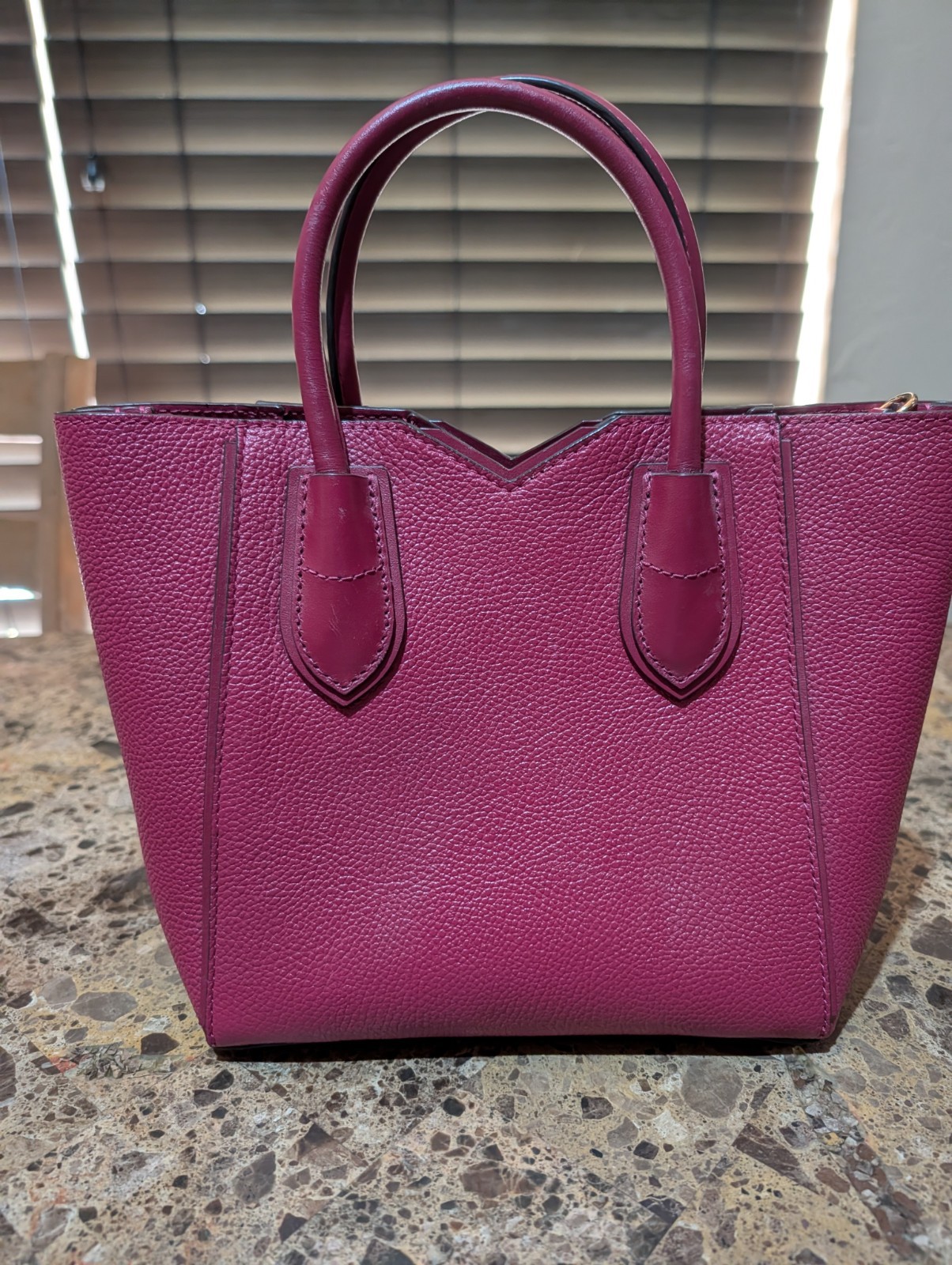 Michael Kors Burgundy Pebbled Satchel Double Handle Zip w/ Gold-Tone Logo Charm