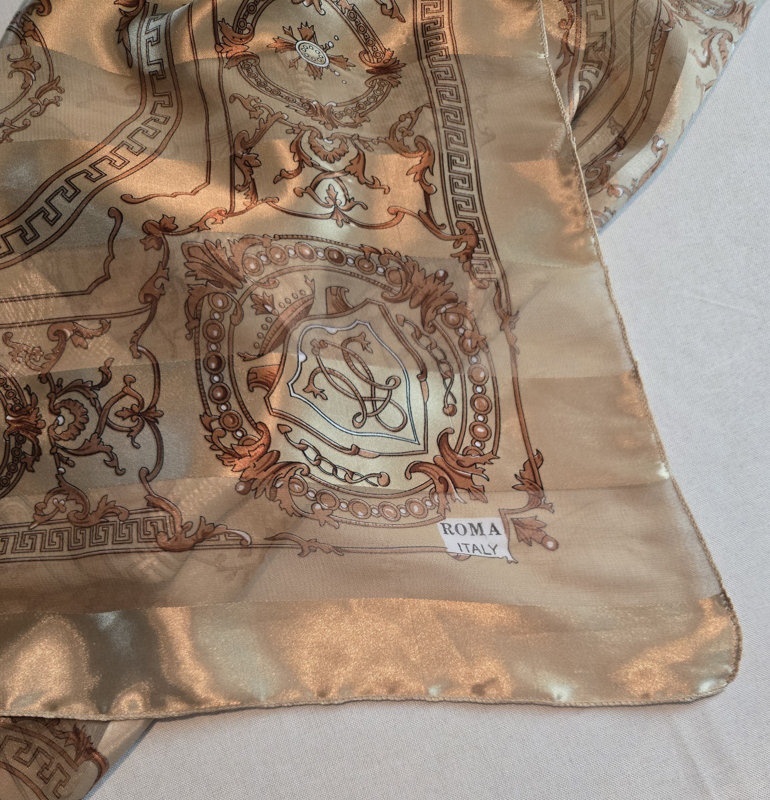 Vintage Scarf Gold Tan & Brown Design Striped Satin Roma Italy 40 X 40 Square