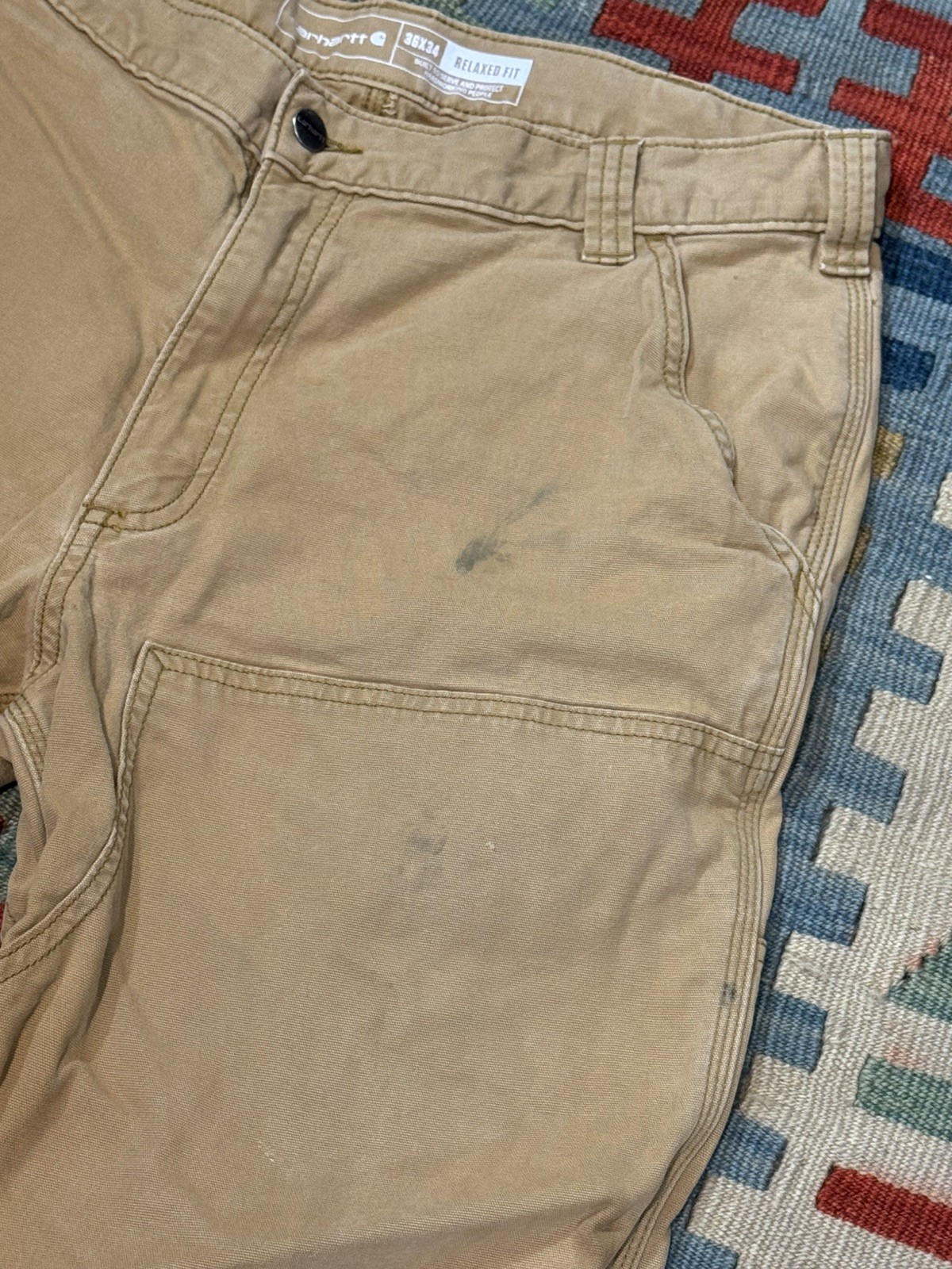 Carhartt Men’s Size 36×34 Relaxed Double Front Utility Work Pant Tan Distressed