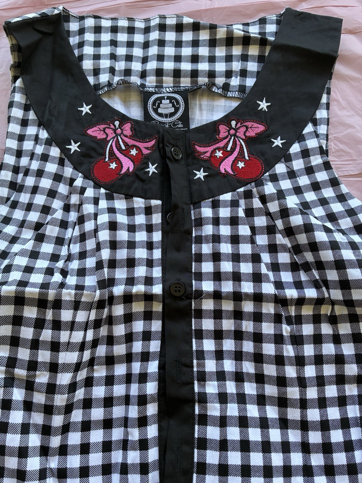 Banjo & Cake Women’s Top Shirt Gingham Sleeveless Button-Up Embroidered Tie Sz S