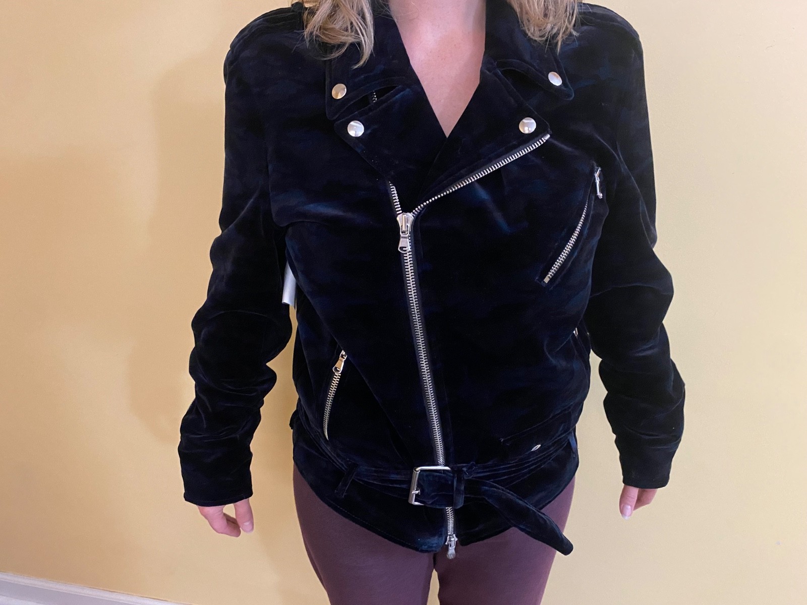 Route Des Garden Velvet Navy Blue Pattern Jacket Biker Size 50-Check Description