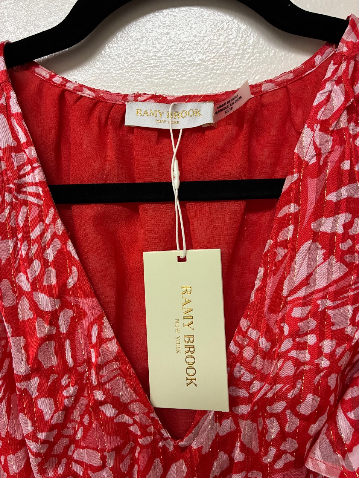 Ramy Brook Printed Ruffle Dress Red And White V Neck Size XS