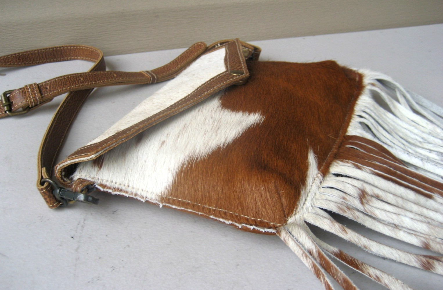 Myra Cowhide Leather Calfhair Crossbody Bag Fringe Western Handbag MINT