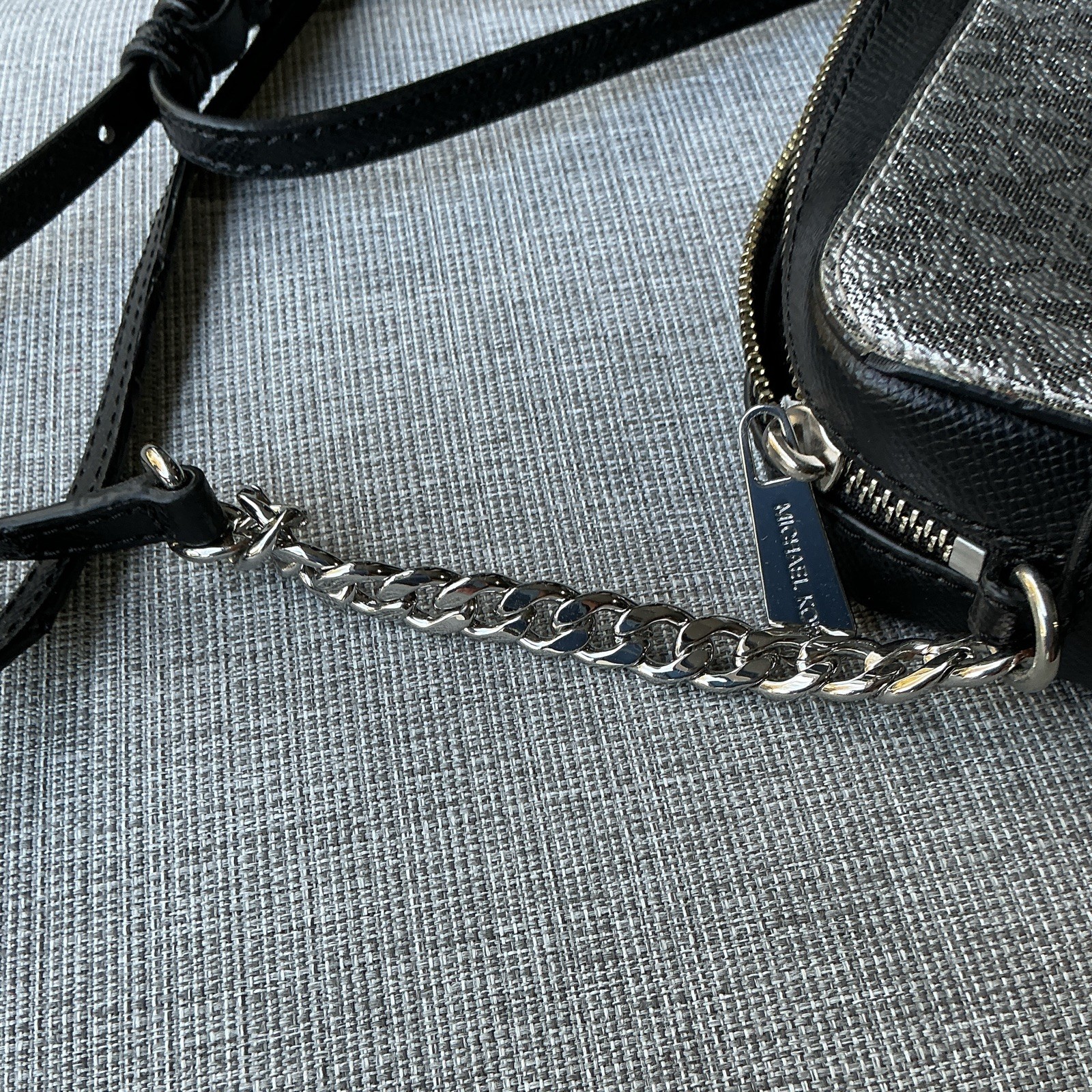 Michael Kors Silver Logo Crossbody Bag Zip Chain Black Strap