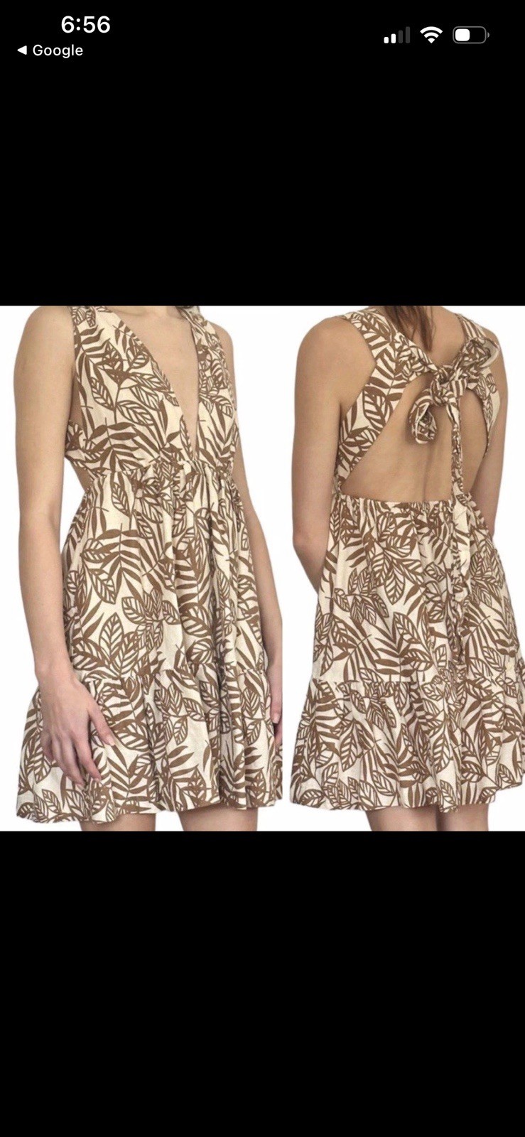 House of Harlow 1960 Linen Blend Tropical Leaf Print Plunge Open Back Dress